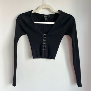 Forever 21 Black Ribbed Hook-Front Cropped Long Sleeve Top